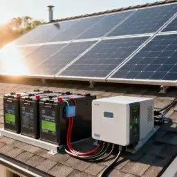 System off-grid na dachu: panele słoneczne, baterie i inwerter off grid 3 fazowy.
