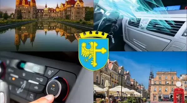 Kolaż: zamek, wnętrze samochodu z klimatyzacją, panel sterowania klimatyzacją, rynek w Opolu.
